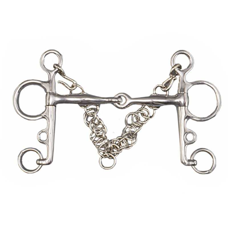 Freio para cavalo em metal prateado com bocal articulado e corrente em V