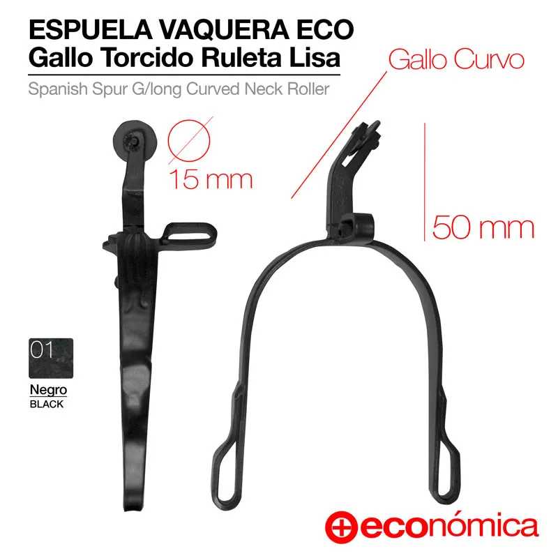 Espora vaqueira ECO preta de metal com ruleta lisa de 15 mm e pescoço curvado de 50 mm