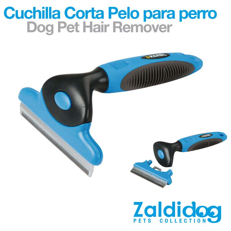 Escova azul e preta para remoção de pelo de cão com lâmina metálica