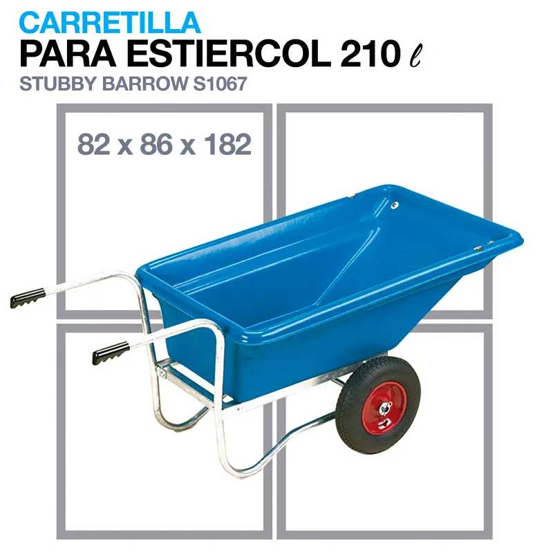 Carretilla azul para estercol 210 litros com estrutura metálica e rodas