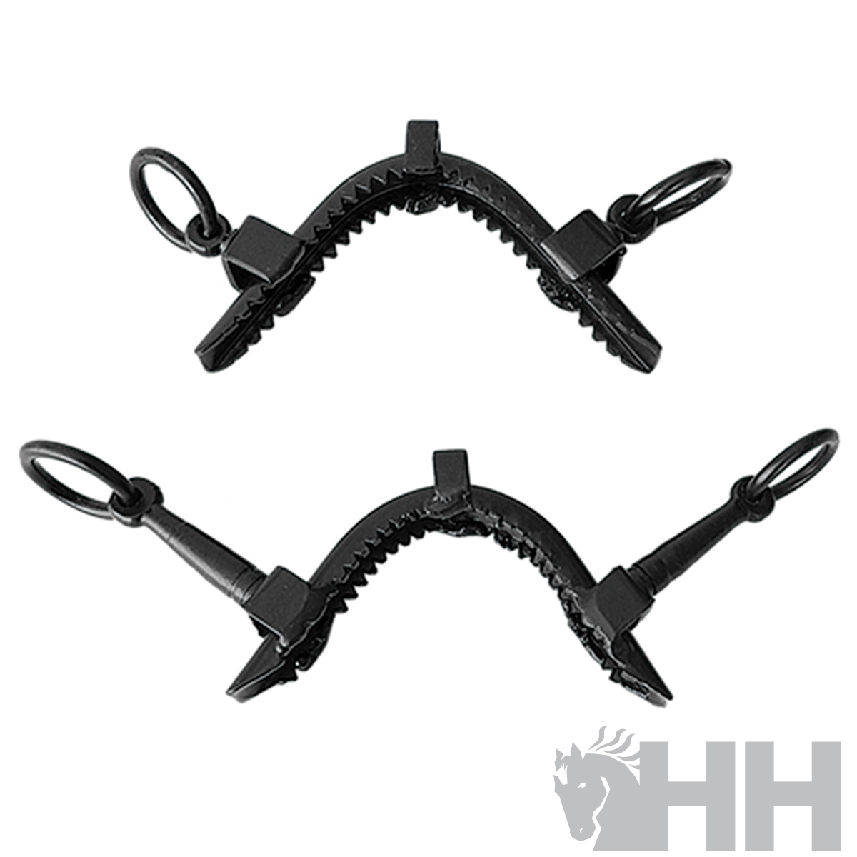 Dois agarradores arqueados pretos com textura de dentes serrilhados e anéis