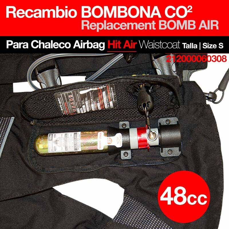 Recambio de bombona CO2 para chaleco airbag Hit Air Waistcoat tamanho S com cilindro metálico e texto em fundo vermelho