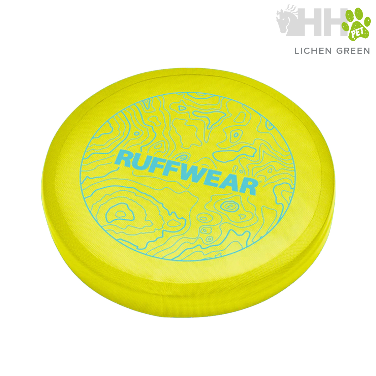 Disco voador verde lima com padrão azul da marca RUFFWEAR para cães