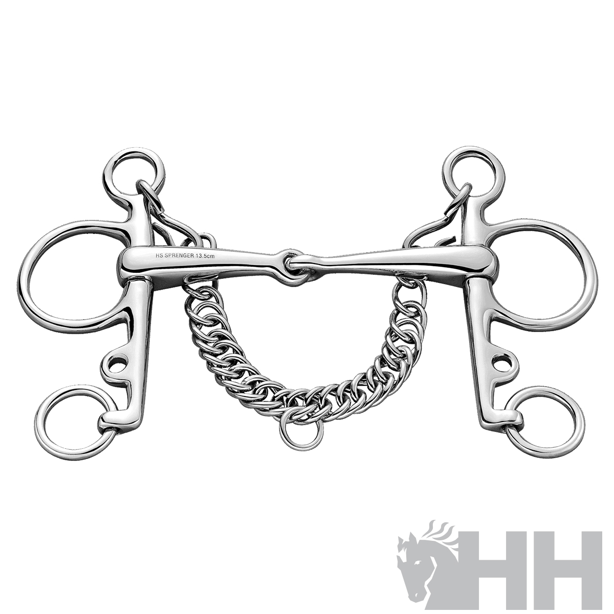 Freio de cavalo em metal prateado com duas grandes argolas e corrente entre as partes