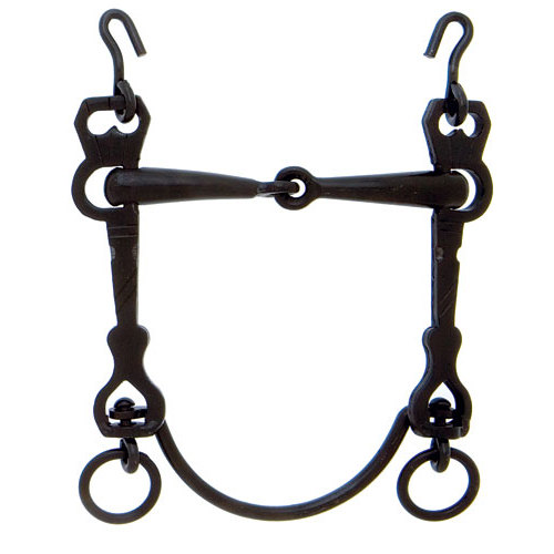 Freio de aço preto para equitação com anéis e ganchos em fundo branco