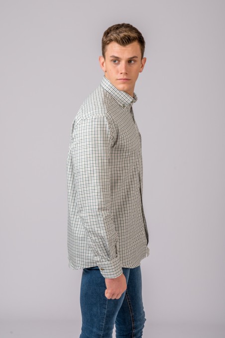 Camisa masculina de manga comprida com padrão de quadrados cinza e branco