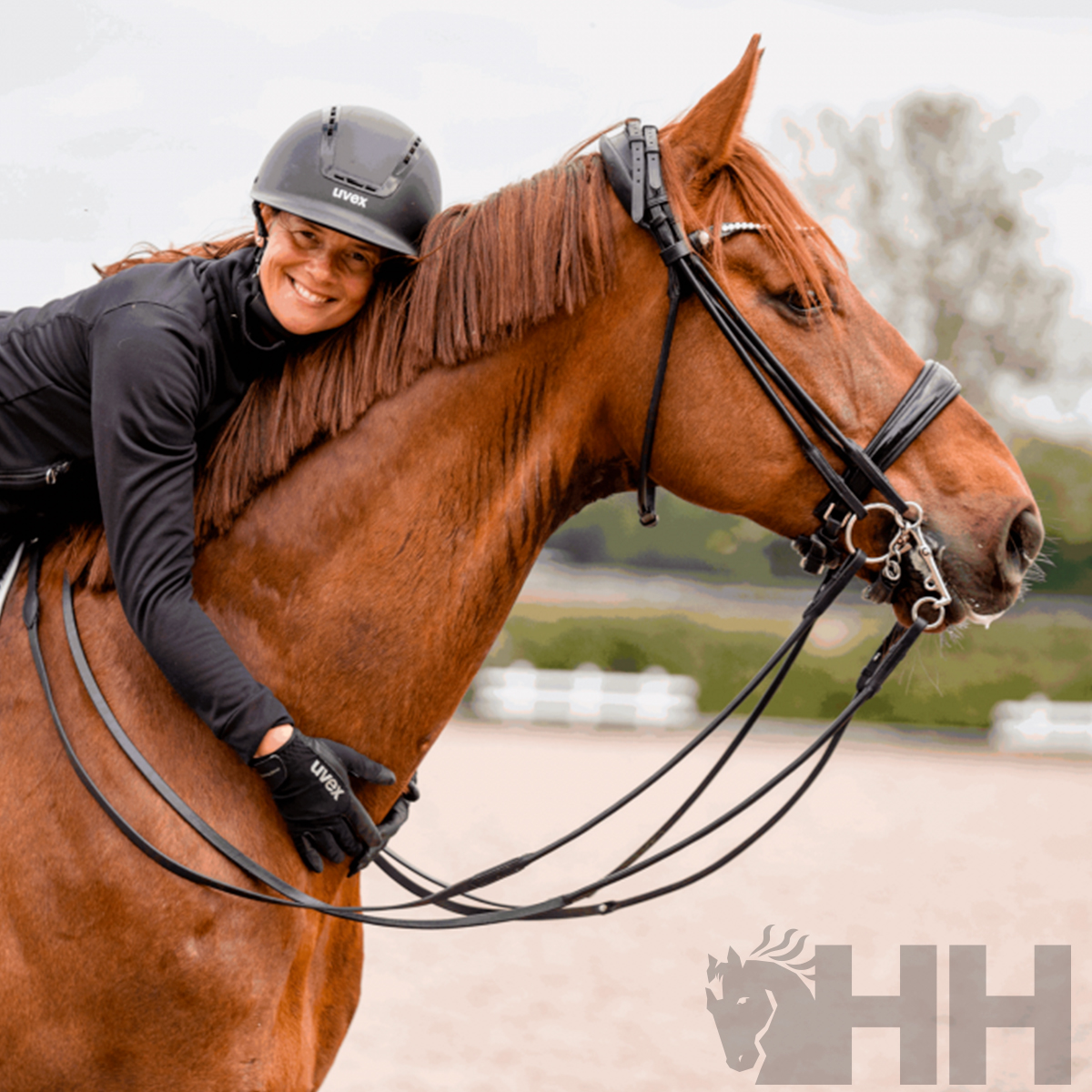 Mulher com capacete e luvas pretas montada num cavalo castanho com rédea preta ao ar livre