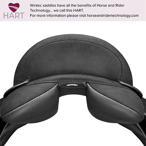 Sela de cavalo preta com texto promocional