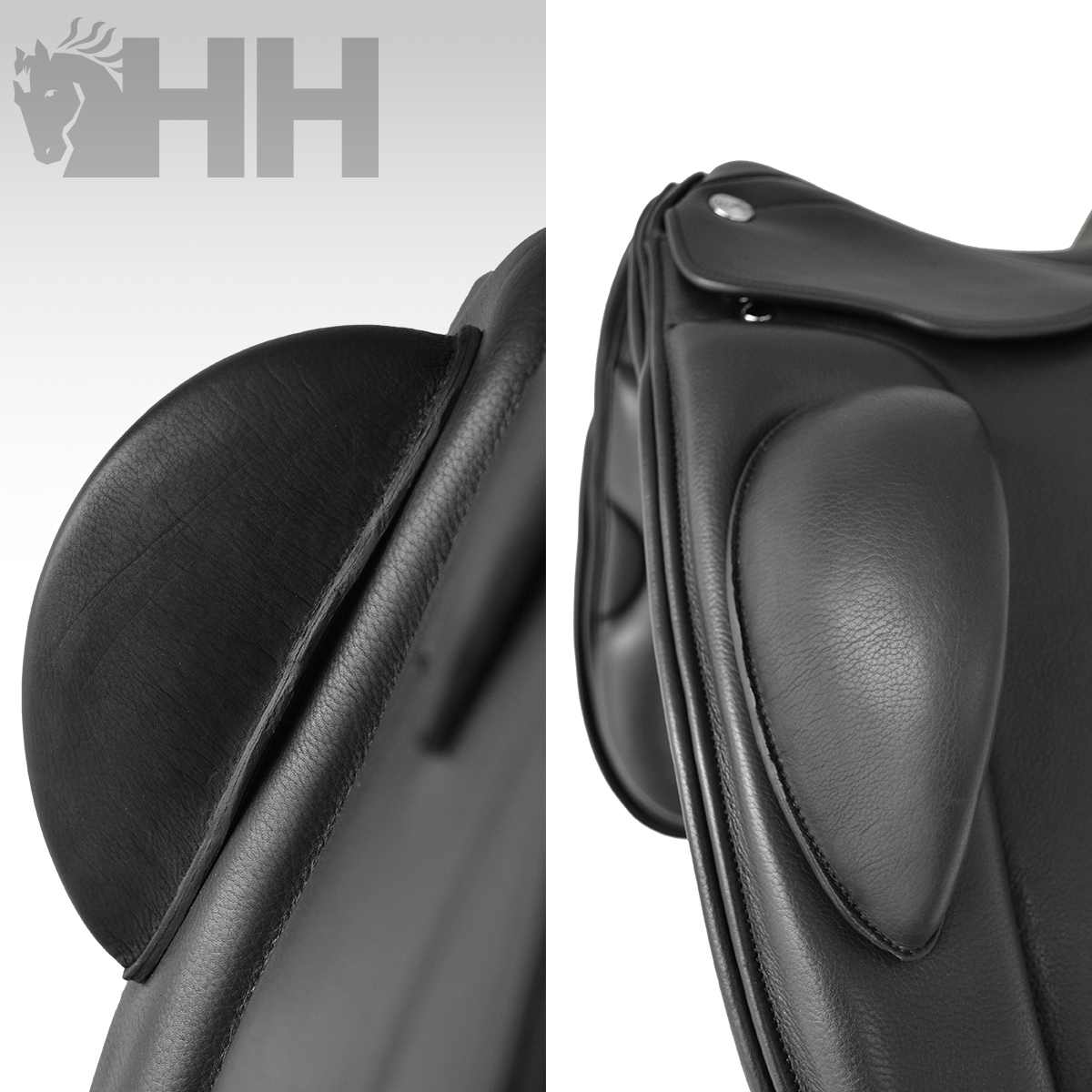 Detalhes de sela de equitação preta em couro com logotipo HH
