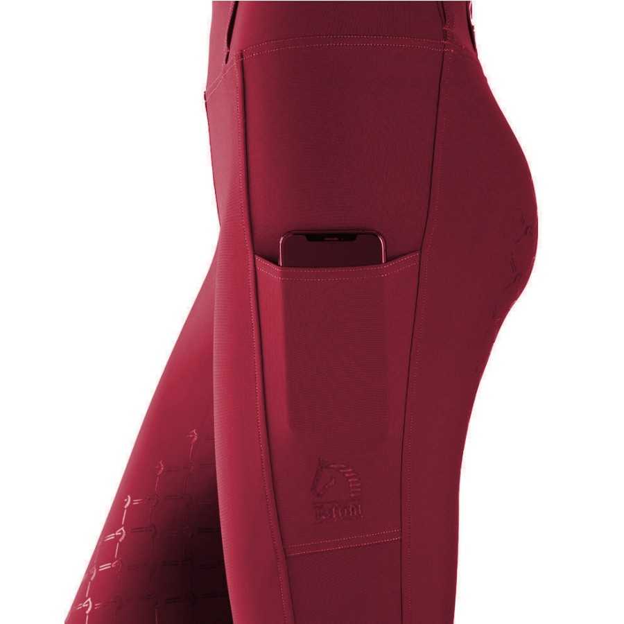 Calças justas bordô femininas com bolso lateral e logótipo com cavalo e texto ESKADRON