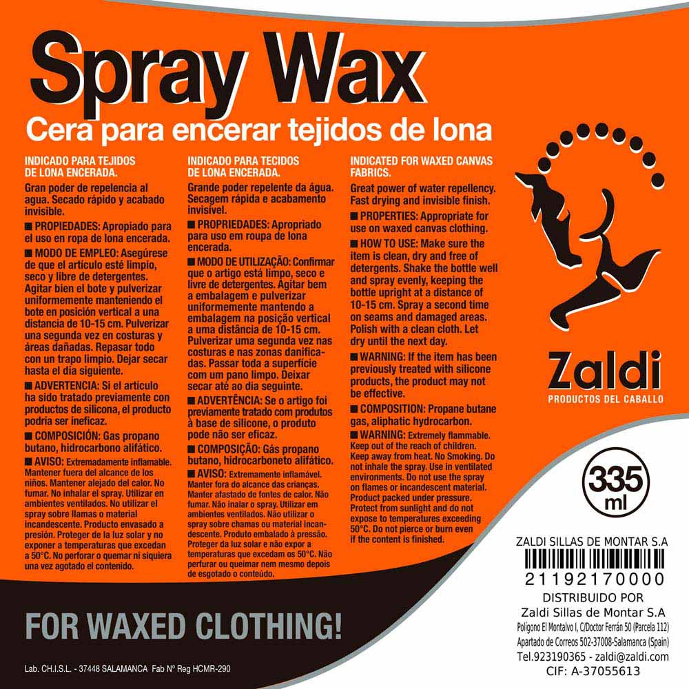 Etiqueta de lata de Spray Wax para tecidos de lona, em laranja e preto, com texto trilingue e logótipo Zaldi.