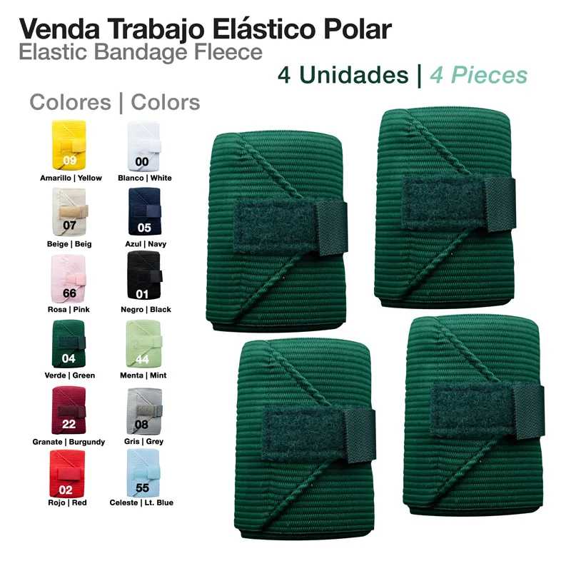 4 vendas elásticas de polar verdes com velcro, com esquema de cores e texto em espanhol e inglês.