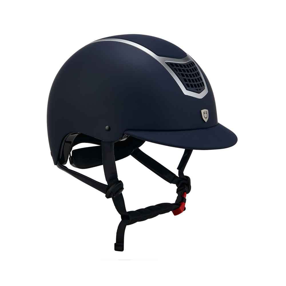Capacete de equitação azul escuro com tira preta e detalhe prateado