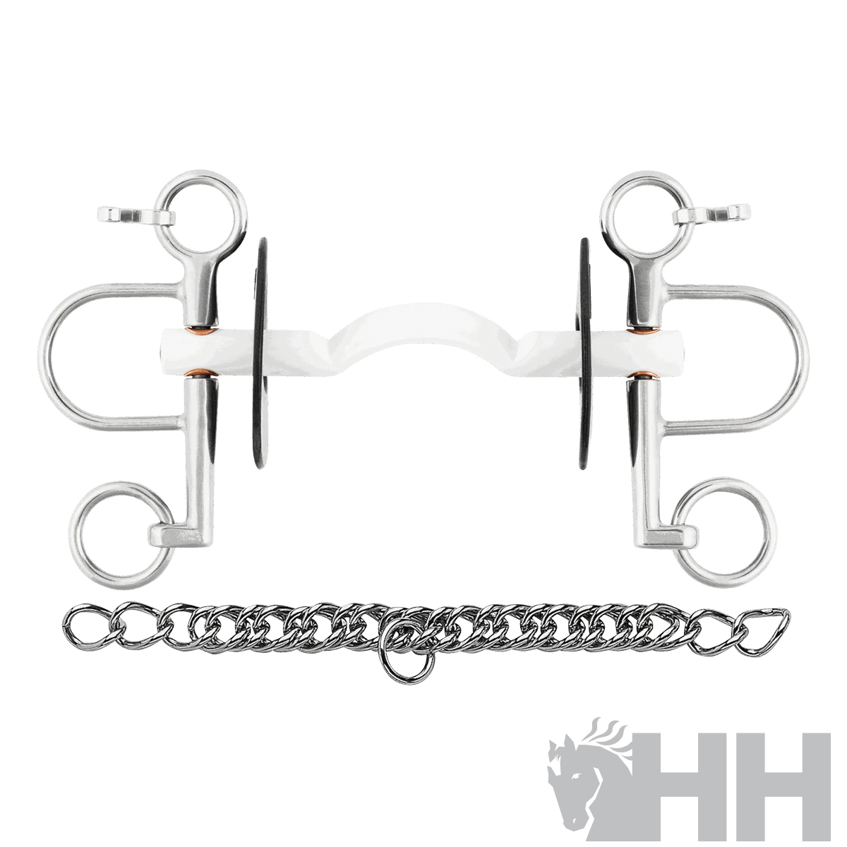 Freio de cavalo metálico com bocal branco, anéis e corrente destacada