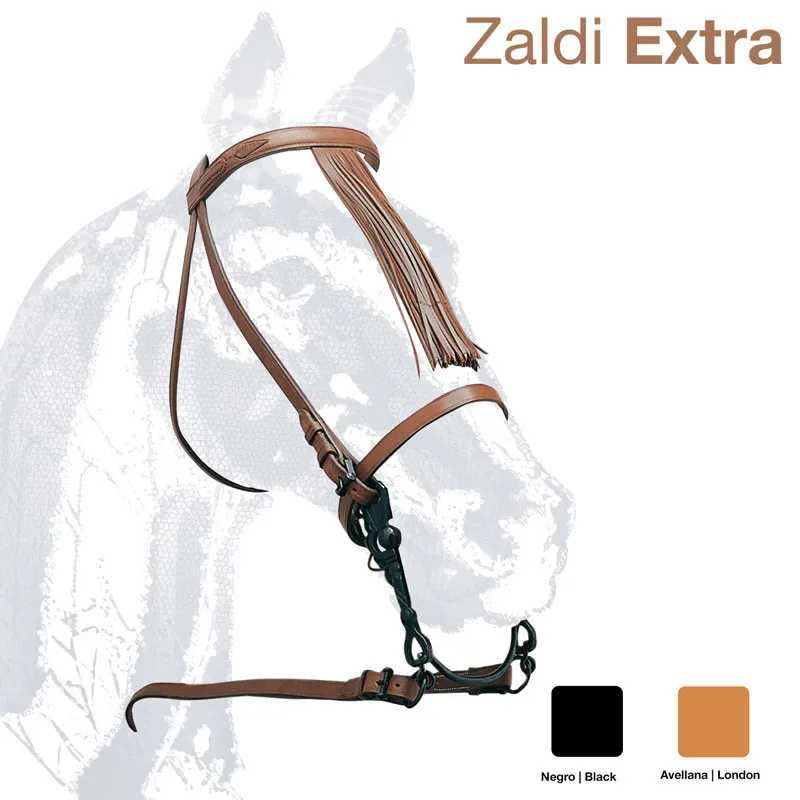Rédea de couro castanha em cabeça de cavalo desenhada cinzenta com texto Zaldi Extra