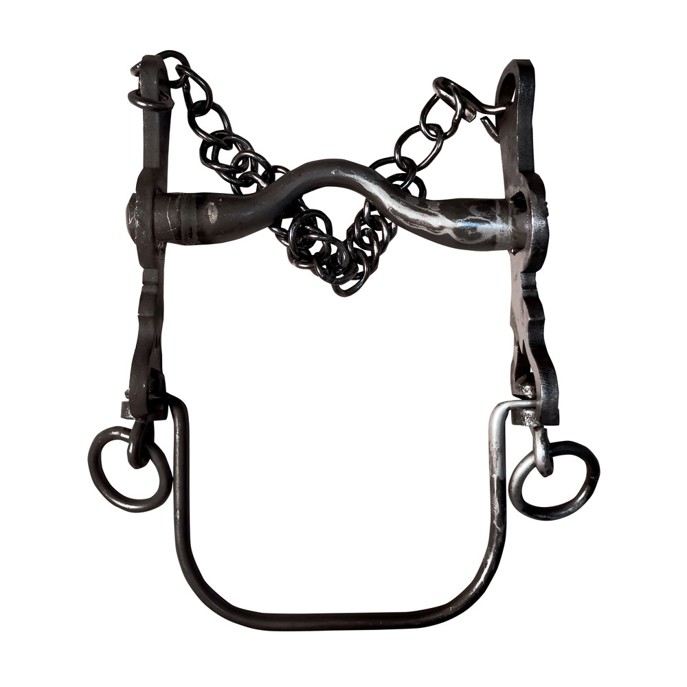 Freio de cavalo em metal preto com corrente e argolas