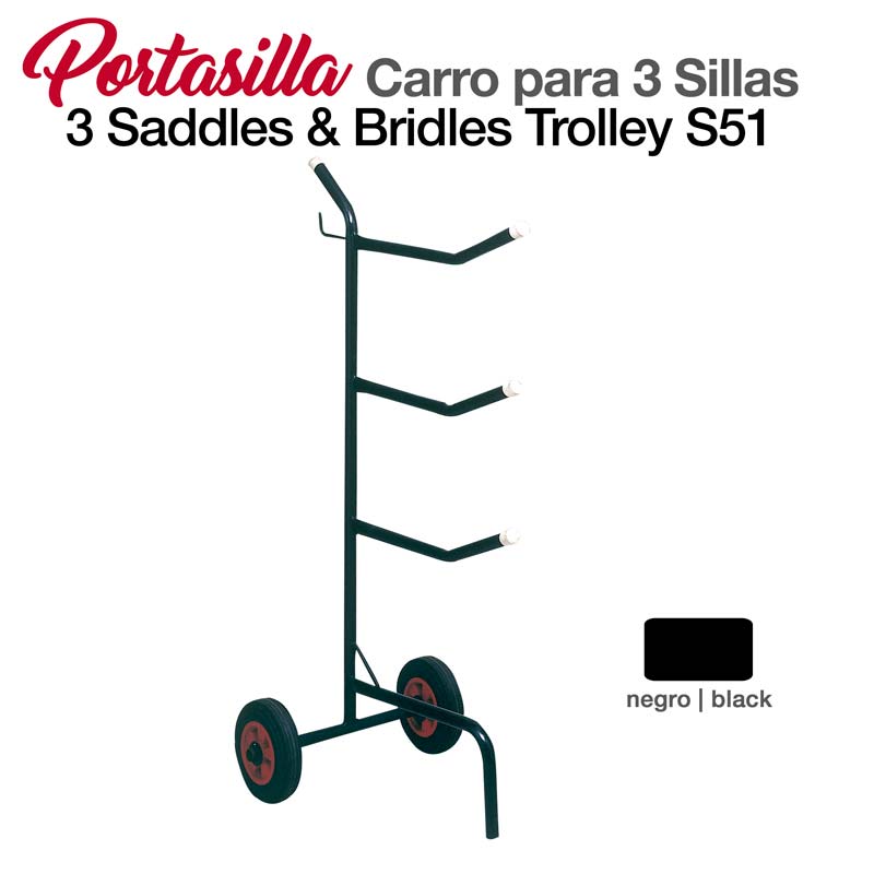 Carrinho porta-sela metálico preto com três suportes e rodas vermelhas.