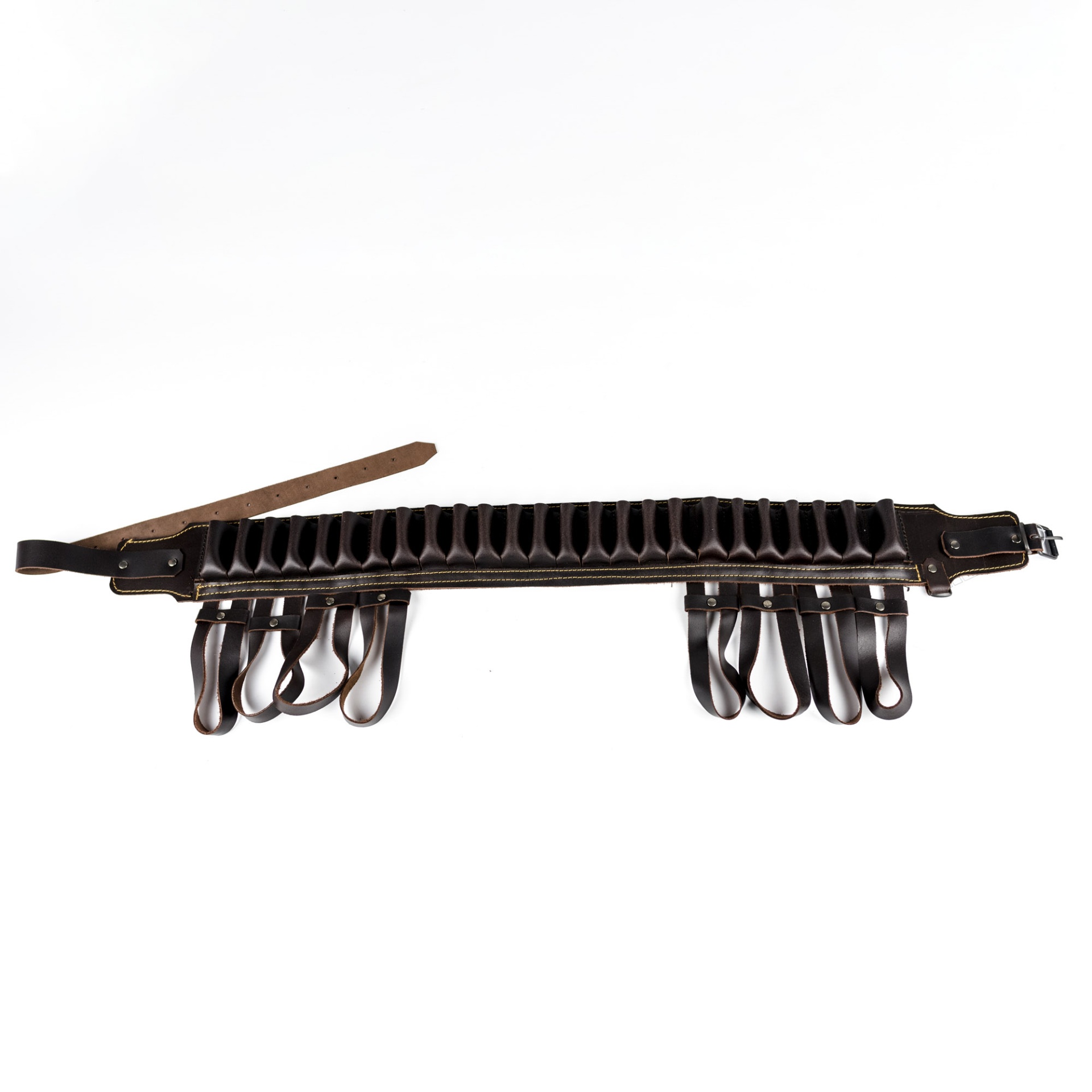 Correia porta-cartuchos em couro castanho escuro com alças e fivela