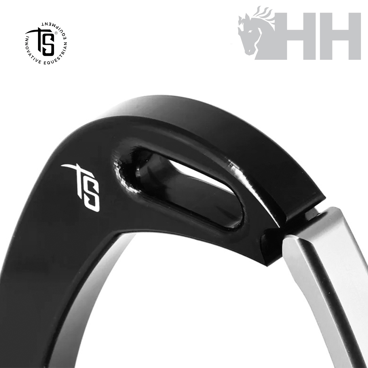 Estribo de equitação preto e prateado com logotipo TS