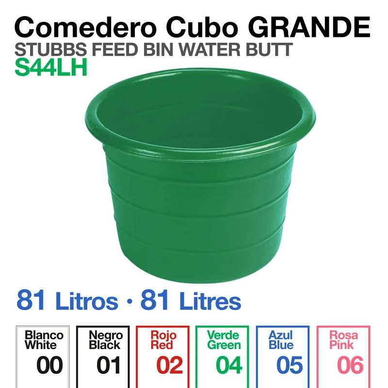 Comedero cubo grande verde de plástico, capacidade 81 litros, texto e tabela de cores visível
