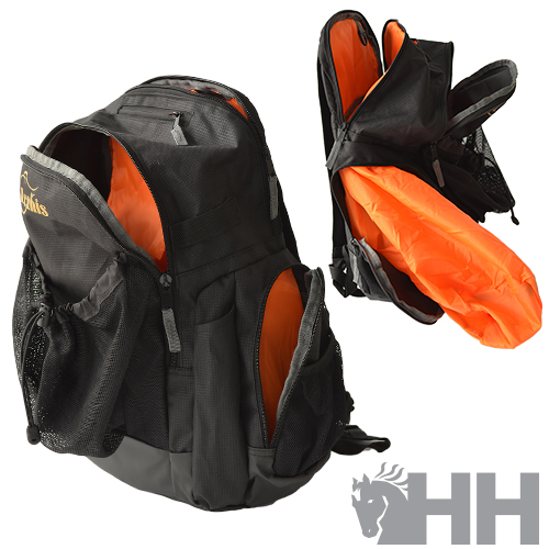 Mochila preta com compartimentos laranja aberta e fechada