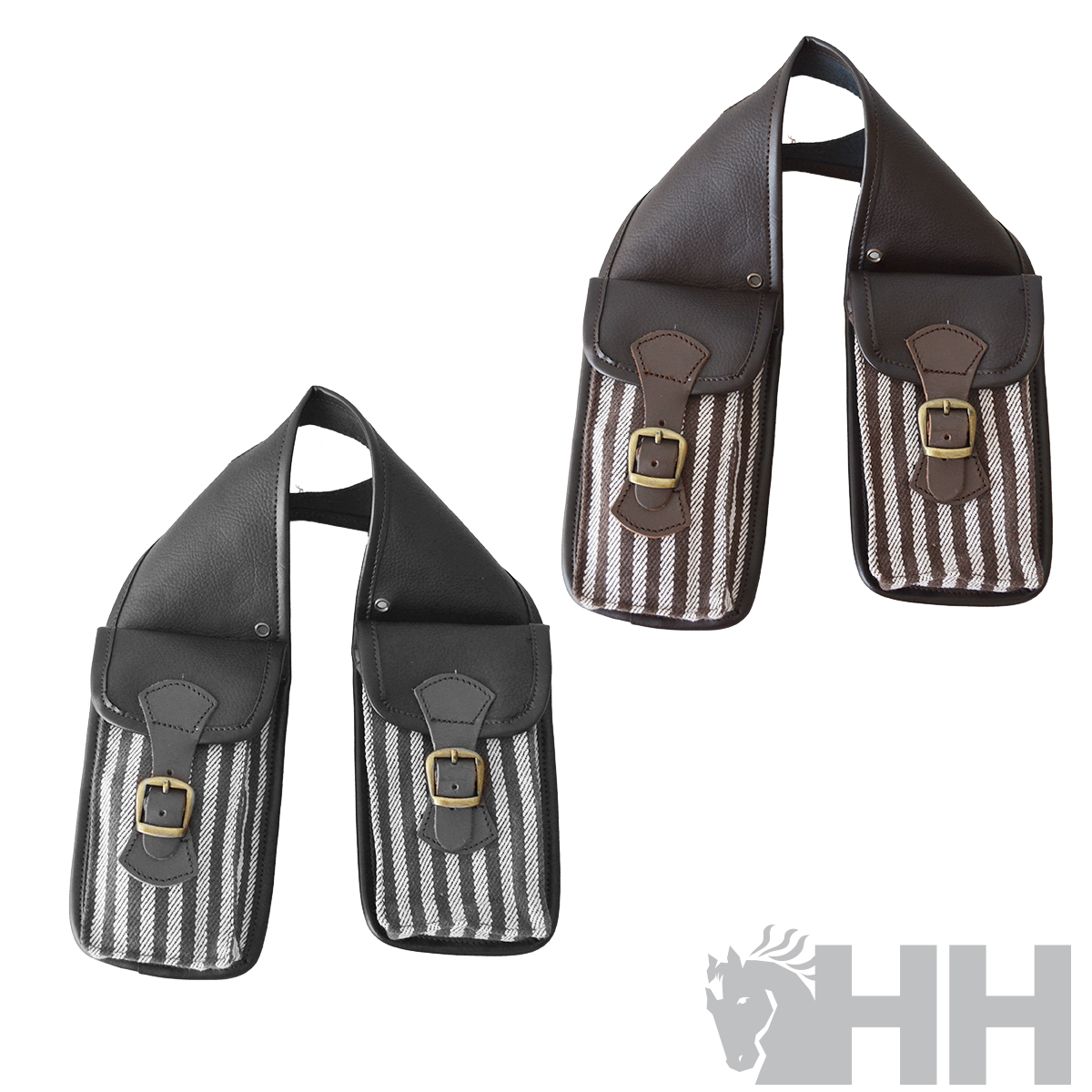Dois porta-facas em tecido riscado com detalhes em couro e fivela metálica