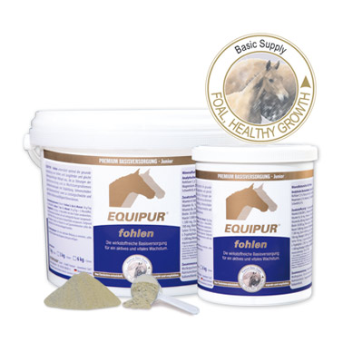 Recipientes de suplemento alimentar EQUIPUR foal com rótulos e pó cinzento, colher e em fundo branco.
