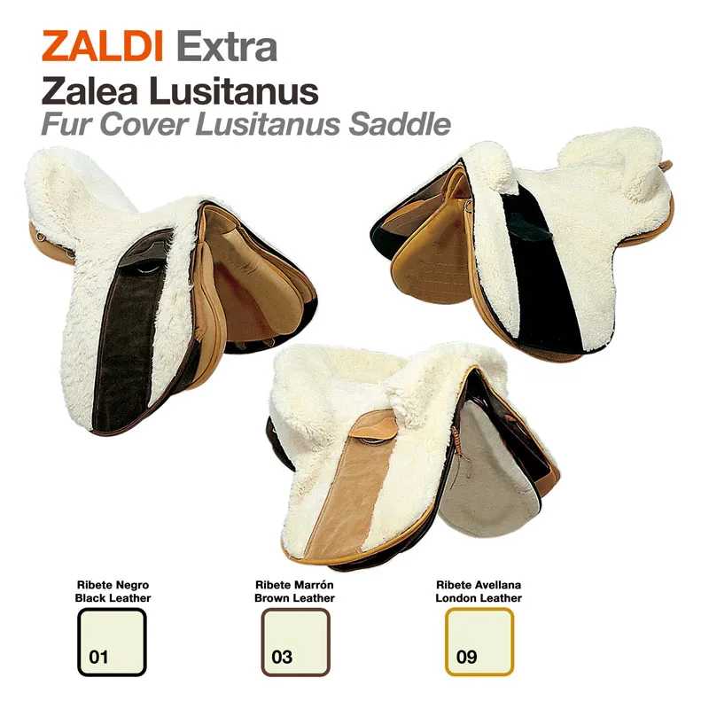 Três capas peludas para selas de cavalo ZALDI Extra em cores preto, castanho e London, com pelúcia branca e couro