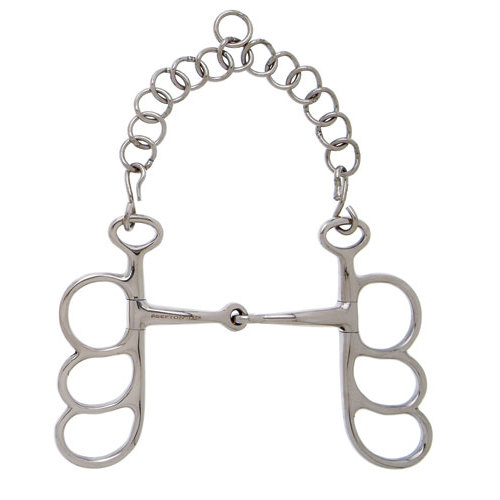 Freio de metal prateado para cavalo com corrente e manoplas