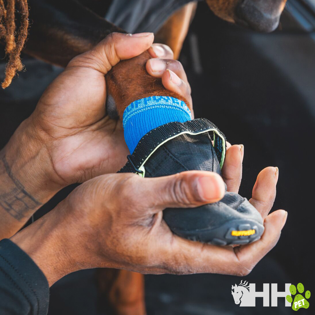 Bota preta para cão com sola Vibram e tira ajustável no pé do cão