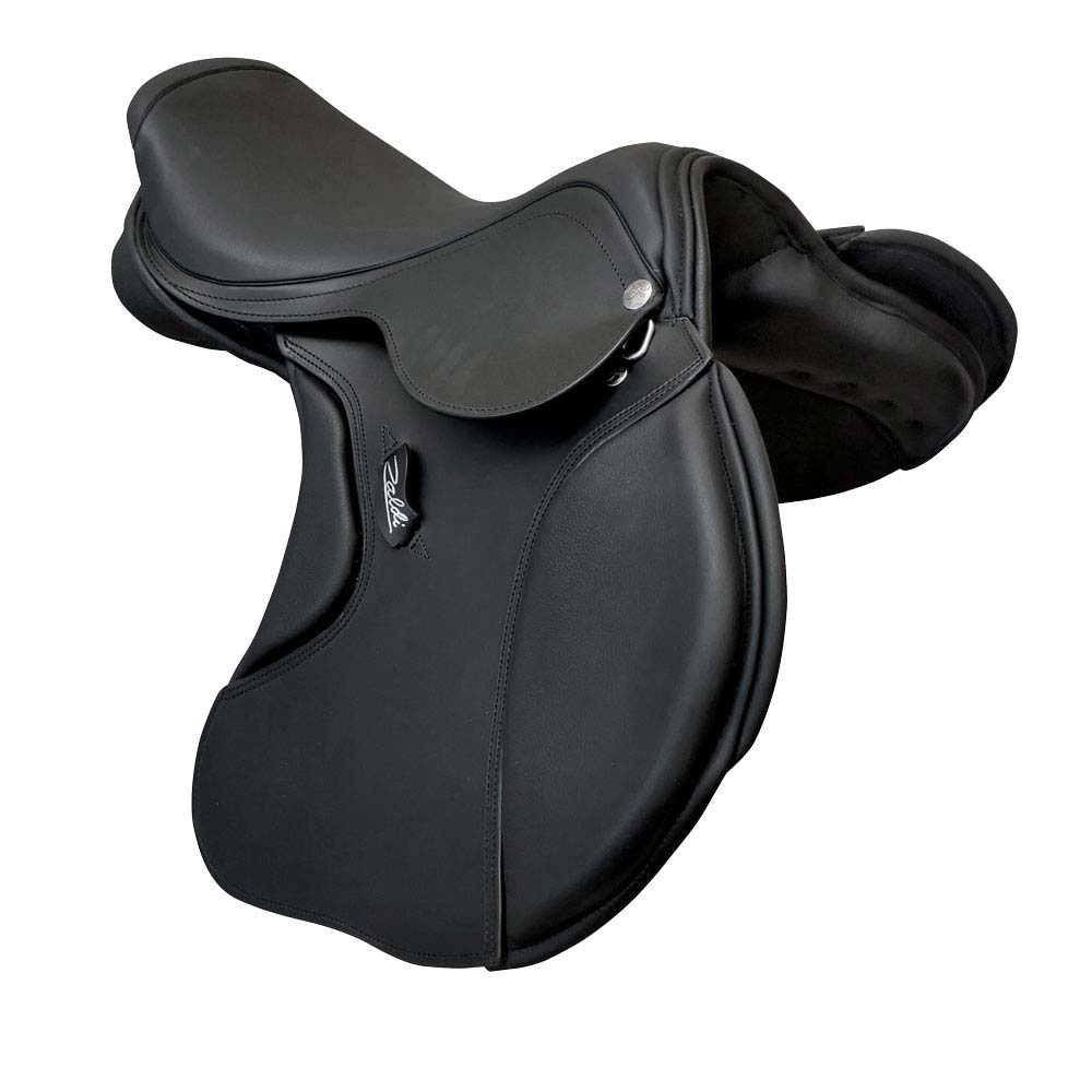 Sela de equitação preta em couro sintético com costuras e presilha metálica