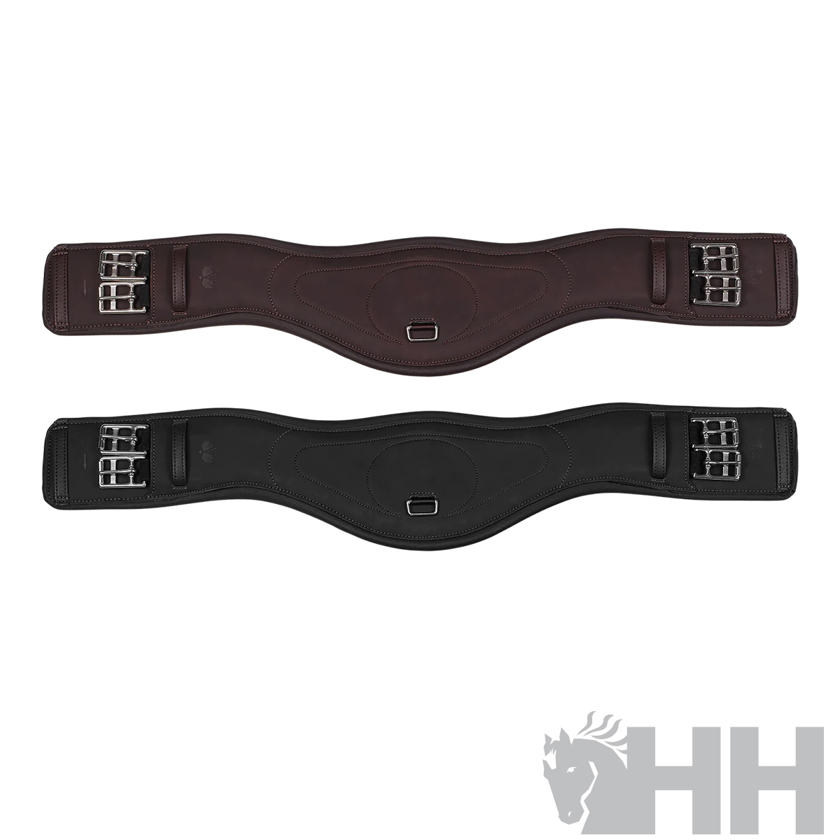 Dois cinchões de montaria em couro castanho e preto com fivelas metálicas