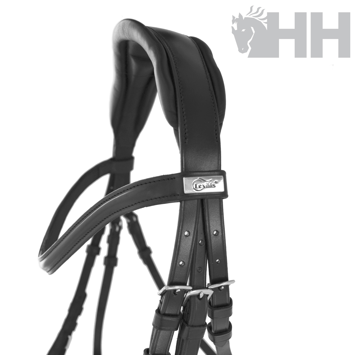 Cabeçada preta de couro com etiqueta Lexus e fivelas metálicas