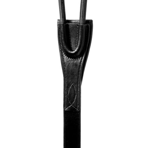 Correia preta em couro com costura e detalhe em forma de folha