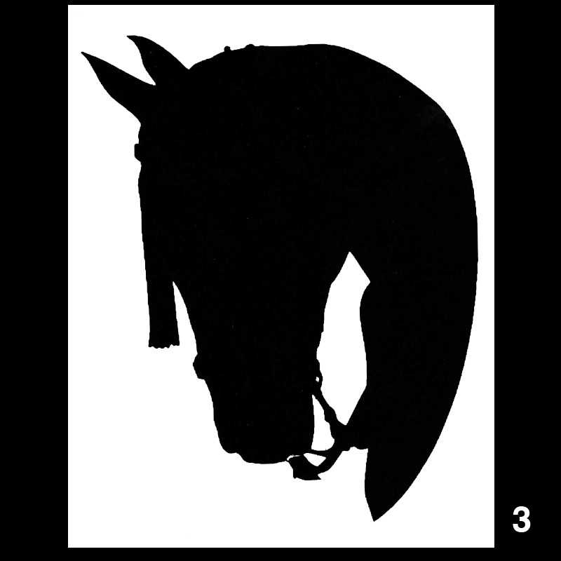 Silhueta preta da cabeça de um cavalo sobre fundo branco com número 3