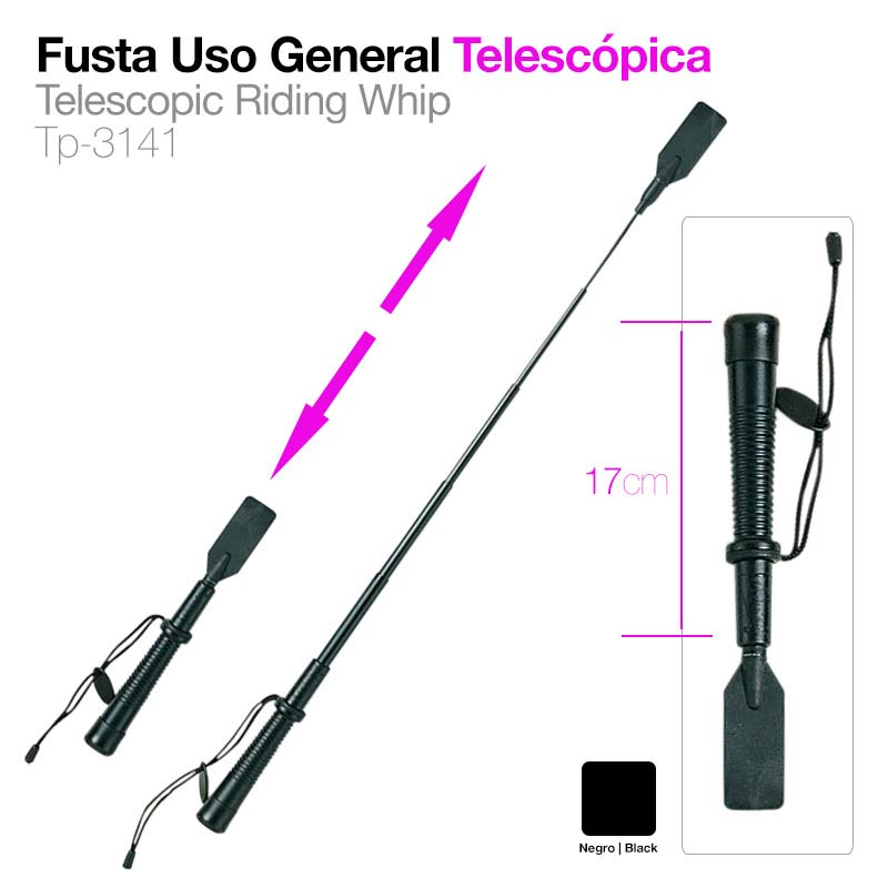 Fusta telescópica preta com cabo texturizado e cordão, texto de instruções em português e inglês