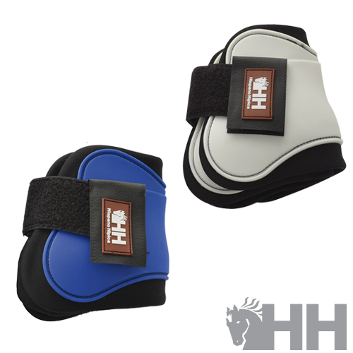 Conjunto de proteções para equitação azul e branco com fecho em velcro e etiqueta HH