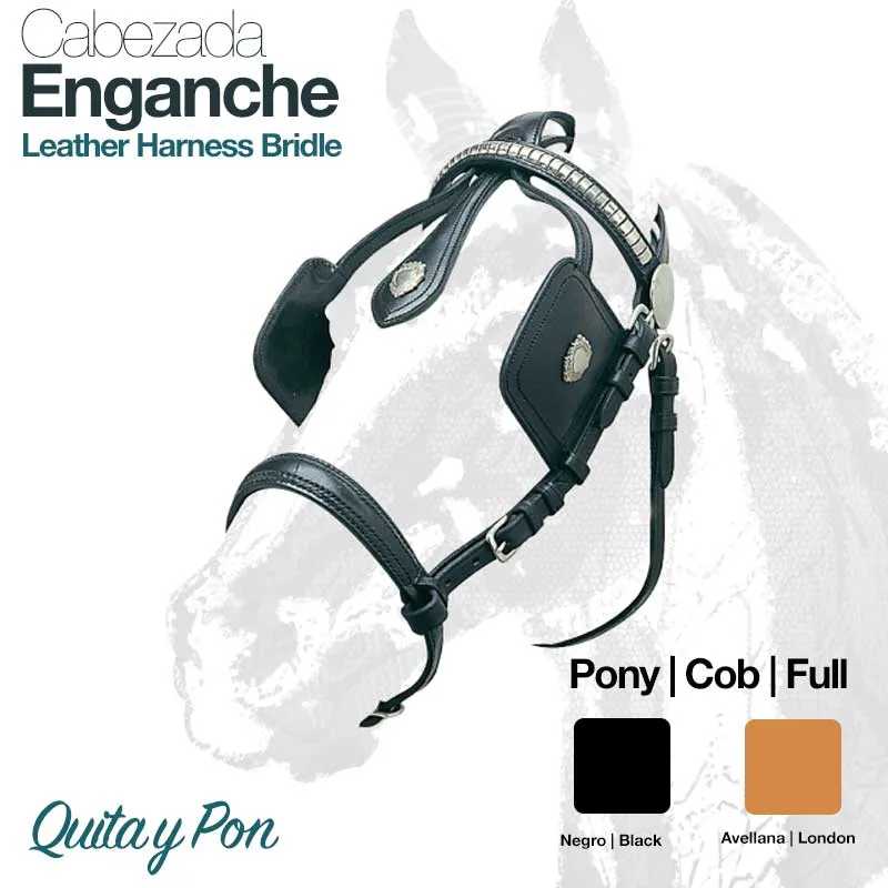 Cabeçada Enganche couro preto para cavalo com detalhes metálicos