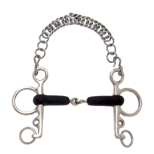 Freio de equitação metálico com borracha preta e corrente prateada