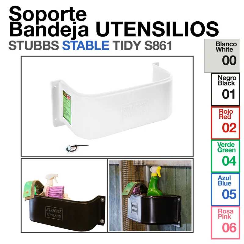 Suporte de bandeja para utensílios STUBBS em várias cores, com imagens de exemplos branco e preto.