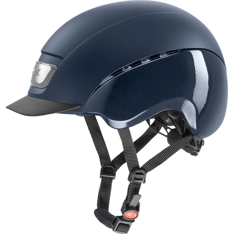 Capacete de bicicleta azul escuro com alças pretas e placa UVEX