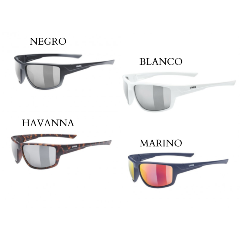 Quatro óculos de sol UVEX diferentes em preto, branco, havanna e marinho