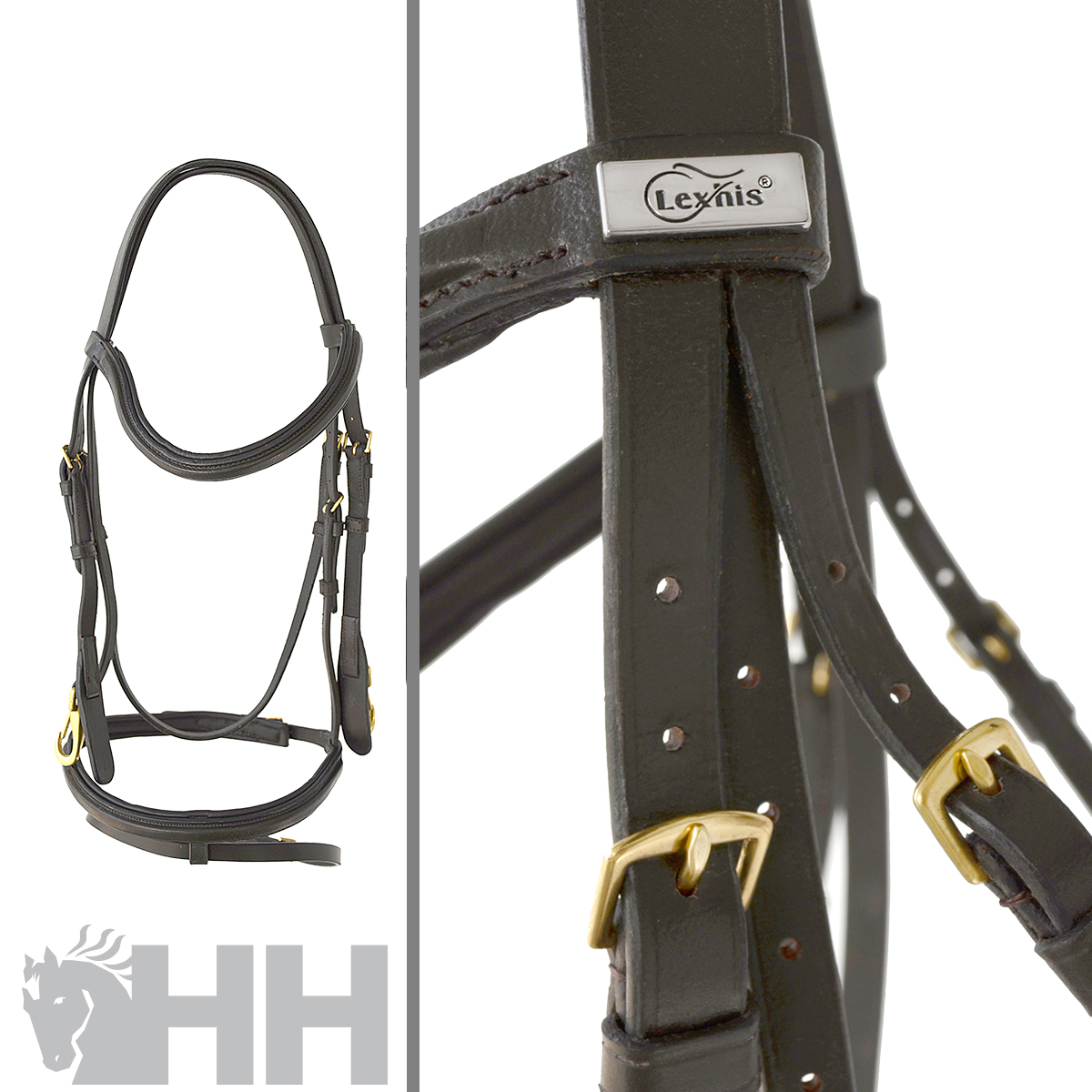 Bridão de cavalo em couro castanho escuro com fivelas douradas e etiqueta marca Lexhis