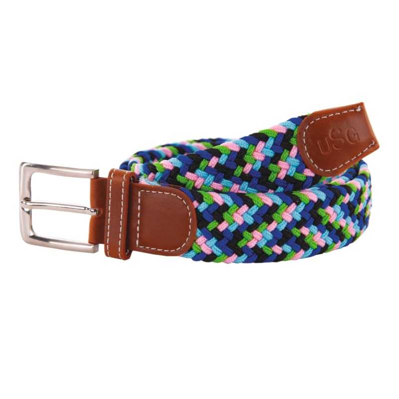 Cinto trançado colorido com detalhes em pele castanha e fivela metálica