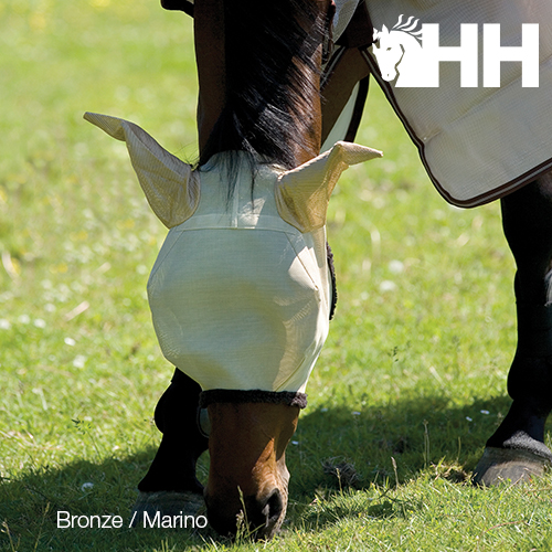 Cavalo castanho com proteção bege na cabeça a comer relva