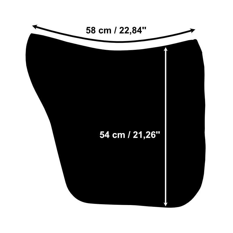 Silhueta negra de peça com medidas 58 cm por 54 cm indicadas
