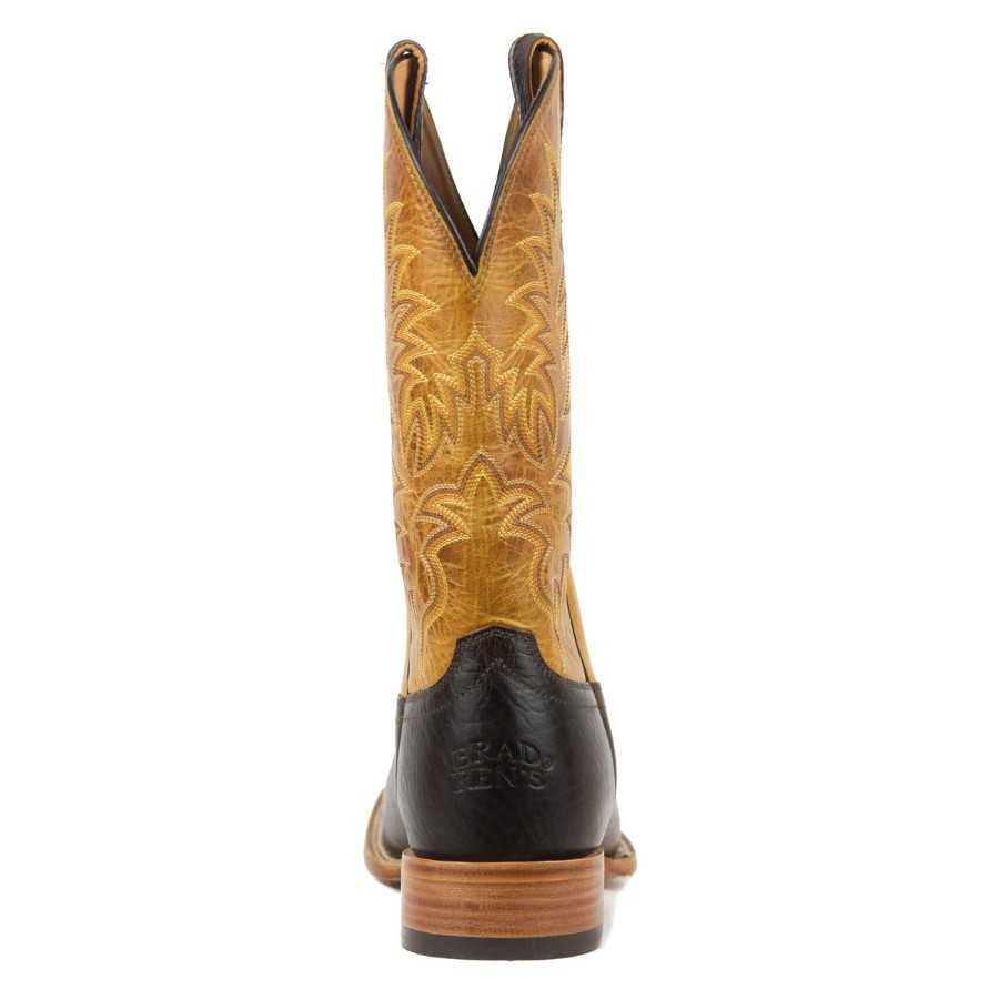 Bota cowboy em couro castanho claro e preto com salto de madeira