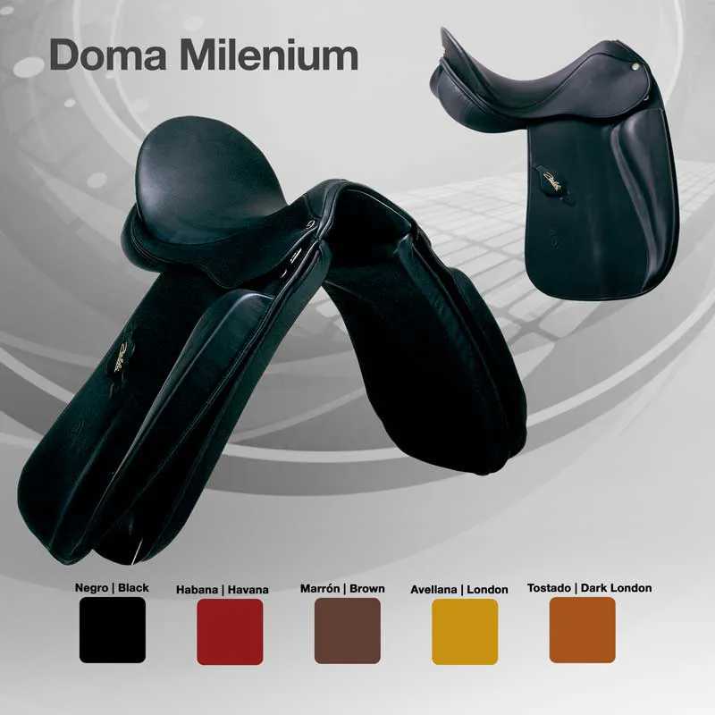 Duas selas Doma Milenium em preto com fundo cinza e amostras de cores disponíveis.