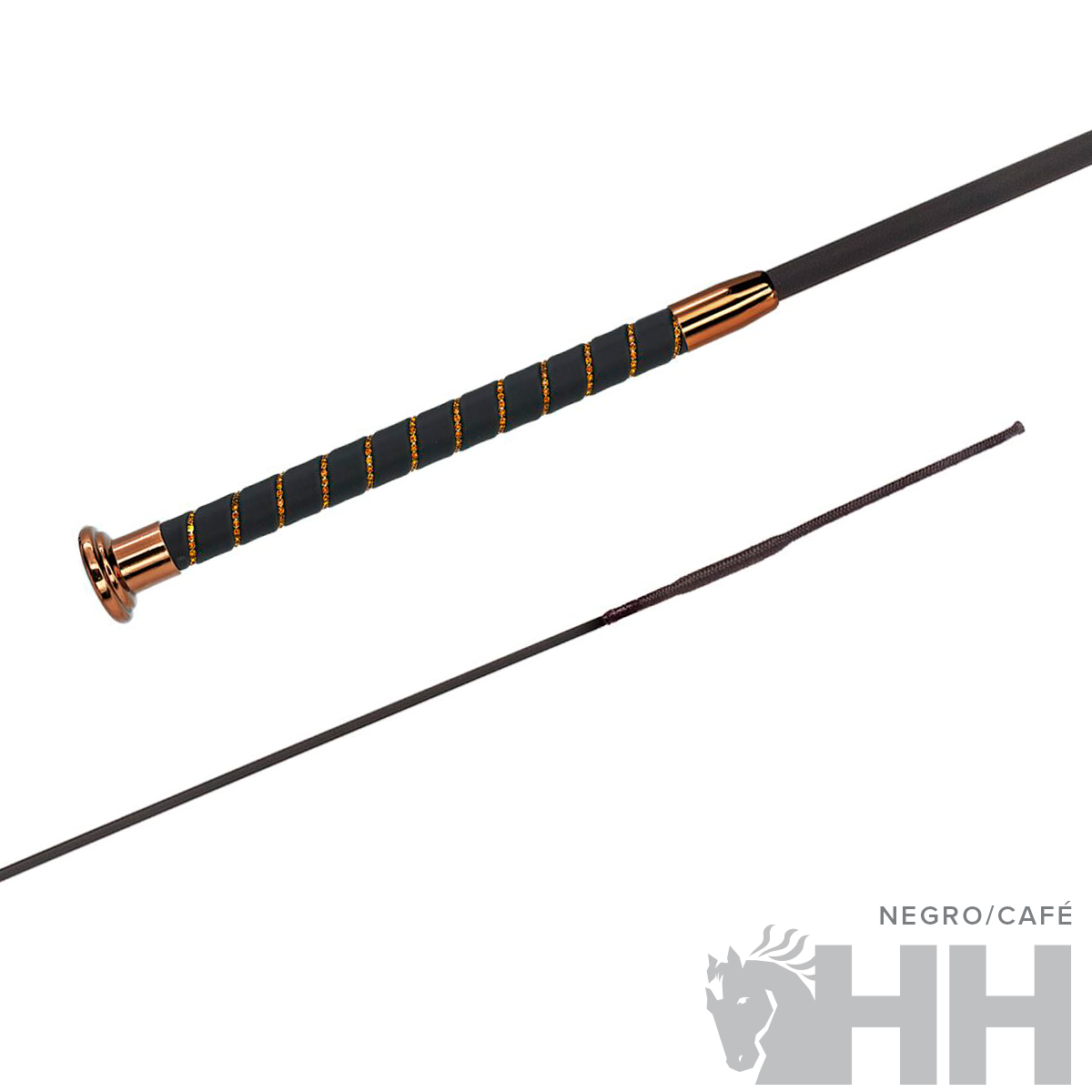 Fusta de equitação preta e castanha com pega elaborada