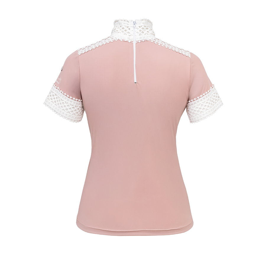Blusa rosa com renda branca e fecho nas costas